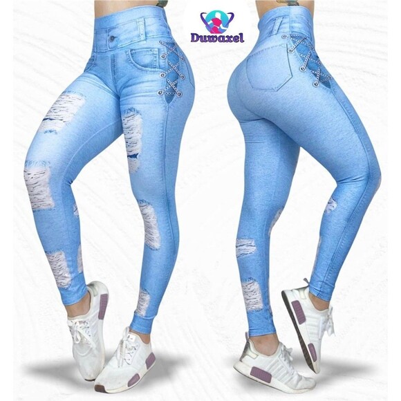 Colombian Leggings, Suplex Fabric, High Waist, Butt Lift. Jean Style. Light Blue - Picture 1 of 7